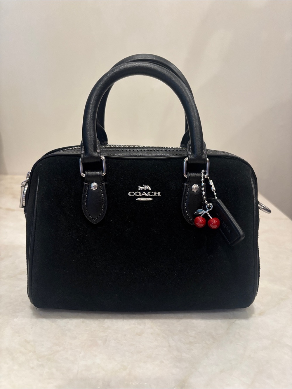COACH Black Suede Mini Satchel with Red Charm